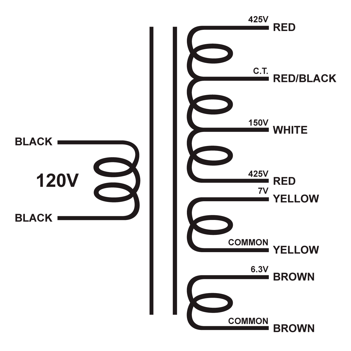EDCOR Tube Power Transformer XPWR266-120 - 850V@150mA CT w/150V bias, 7V@1.5A, & 6.3V@1.5A - 120V, 60Hz. Schematic