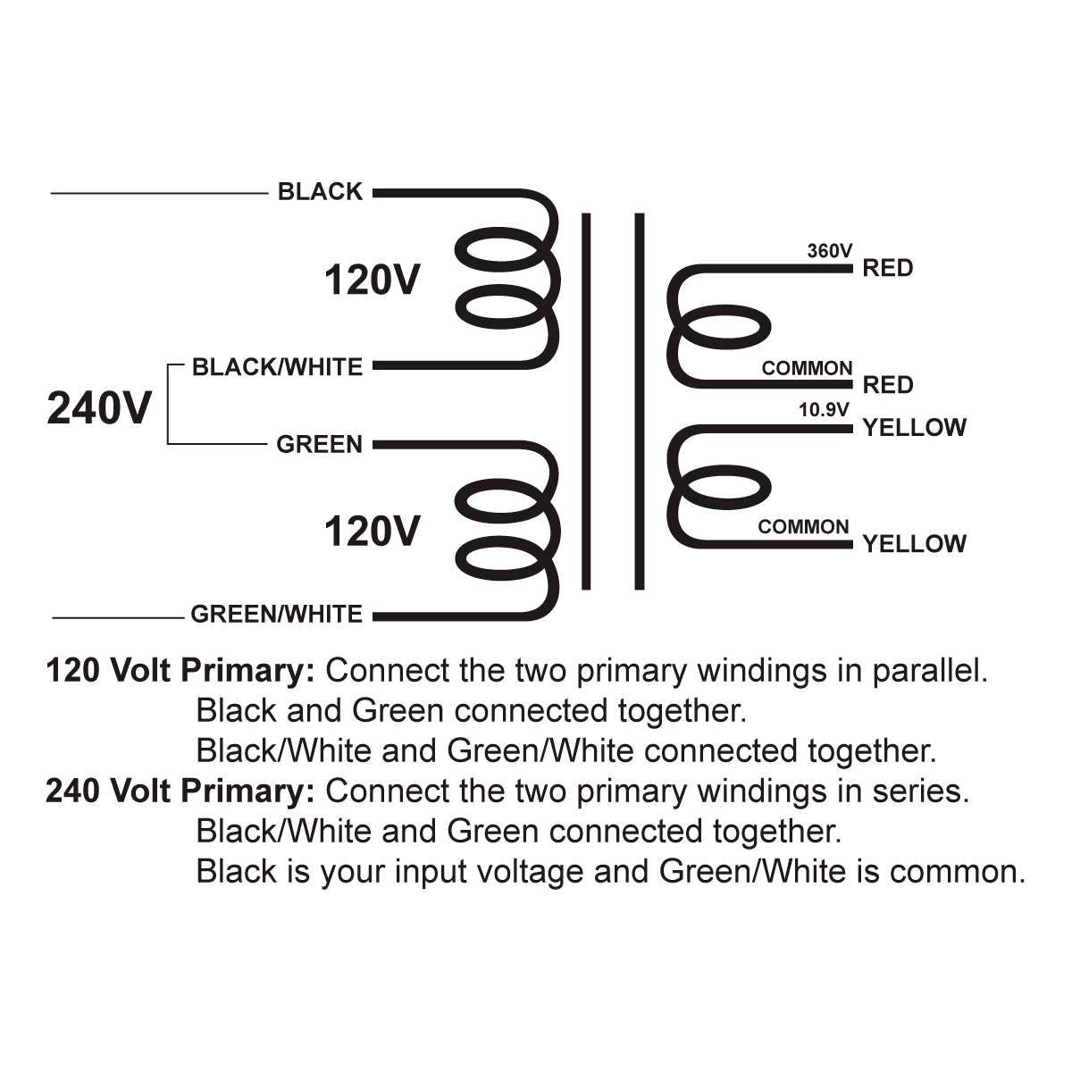 EDCOR Tube Power Transformer XPWR267-120/240 - 360V@450mA & 10.9V@4A - 120V/240V, 50/60Hz. Schematic