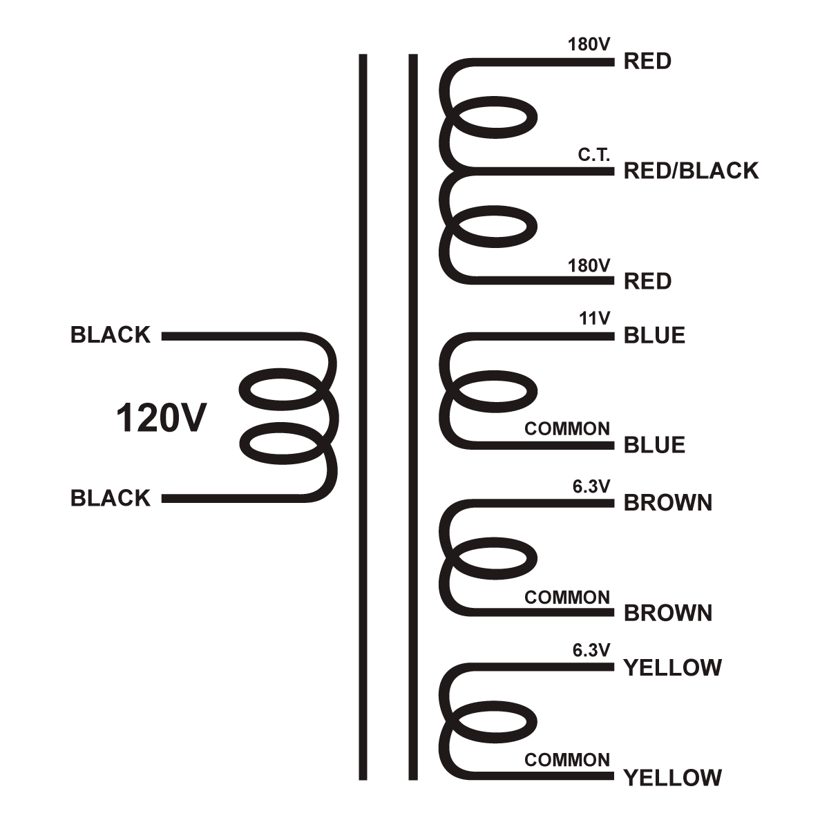 EDCOR Tube Power Transformer XPWR275-120- 360V@450mA CT, 11V@1.5A, 6.3V@4A, & 6.3V@4A - 120V, 60Hz. Schematic