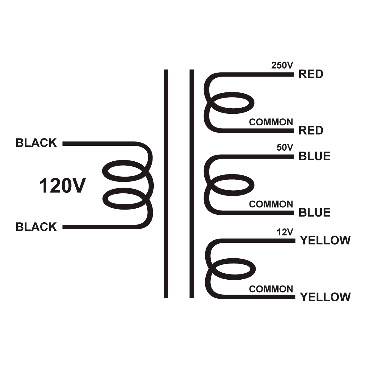 EDCOR Tube Power Transformer XPWR280-120 - 250V@70mA, 50V@70mA, & 12V@4.5A - 120V, 60Hz. Schematic