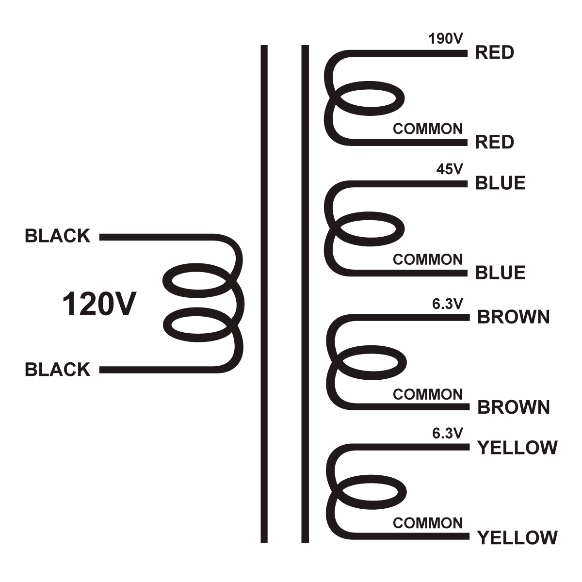 EDCOR Tube Power Transformer XPWR282-120 - 190V@700mA, 45V@50mA, 6.3V@3.8A, & 6.3V@3.8A, 120V, 60Hz. Schematic