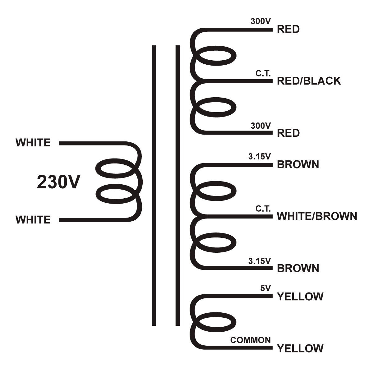 EDCOR Tube Power Transformer XPWR284-230 - 600V@250mA CT, 6.3V@4.8A CT, & 5V@3A - 230V, 50/60Hz. Schematic