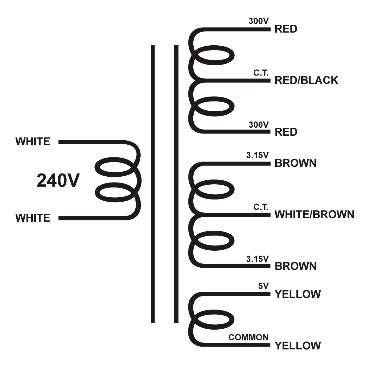 EDCOR Tube Power Transformer XPWR284-240 - 600V@250mA CT, 6.3V@4.8A CT, & 5V@3A. - 240V, 50/60Hz. Schematic