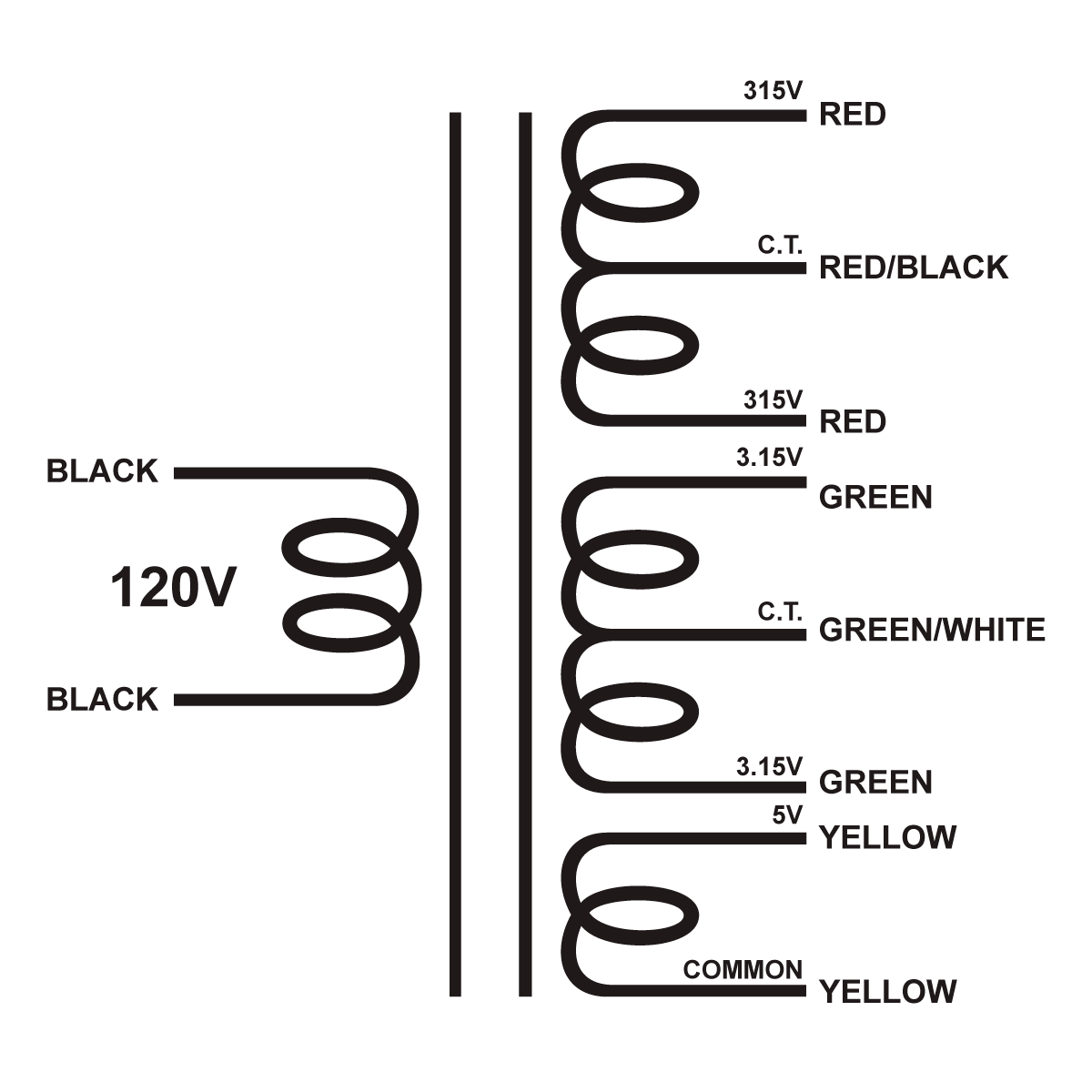 EDCOR Tube Power Transformer XPWR285-120 - 630V@100mA CT, 6.3V@2.25A CT, & 5V@3A. - 120V, 60Hz. Schematic