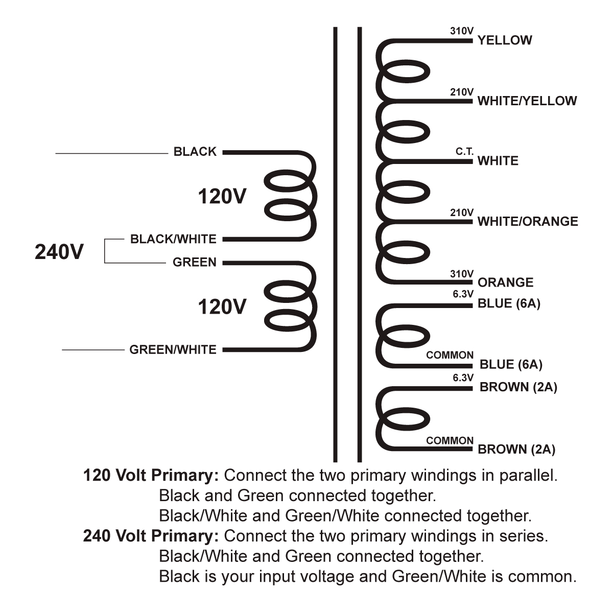 EDCOR Tube Power Transformer XPWR286-120 - 620V/420V@200mA CT, 6.3V@6A, & 6.2V@2A - 120V/240V, 50/60Hz. Schematic