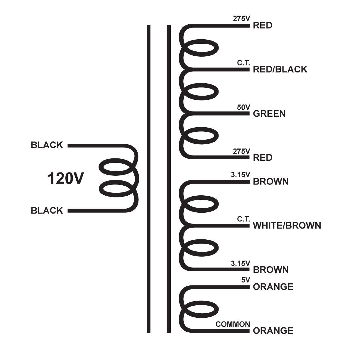 EDCOR Tube Power Transformer XPWR289-120 - 550V@175mA CT w/50V bias tap, 6.3V@4A CT, & 5V@3A - 120V, 60Hz. Schematic