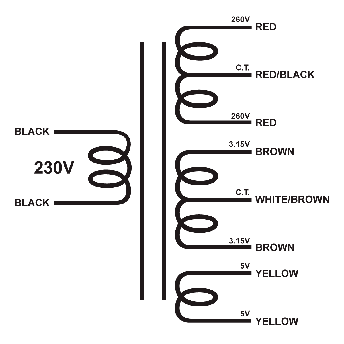 EDCOR Tube Power Transformer XPWR291-230 - 560V@250mA CT, 6.3V@4.8A CT, & 5V@3A. - 230V, 50/60Hz. SChematic
