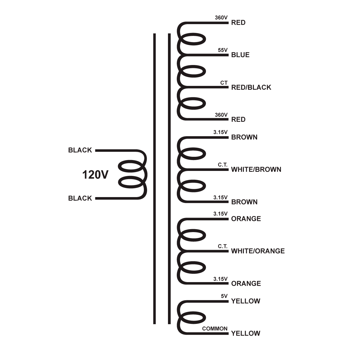 EDCOR Tube Power Transformer XPWR297-120 - 720V@300mA CT w/55V bias, Dual 6.3V@5A CT, & 5V@4A - 120V, 60Hz. Schematic
