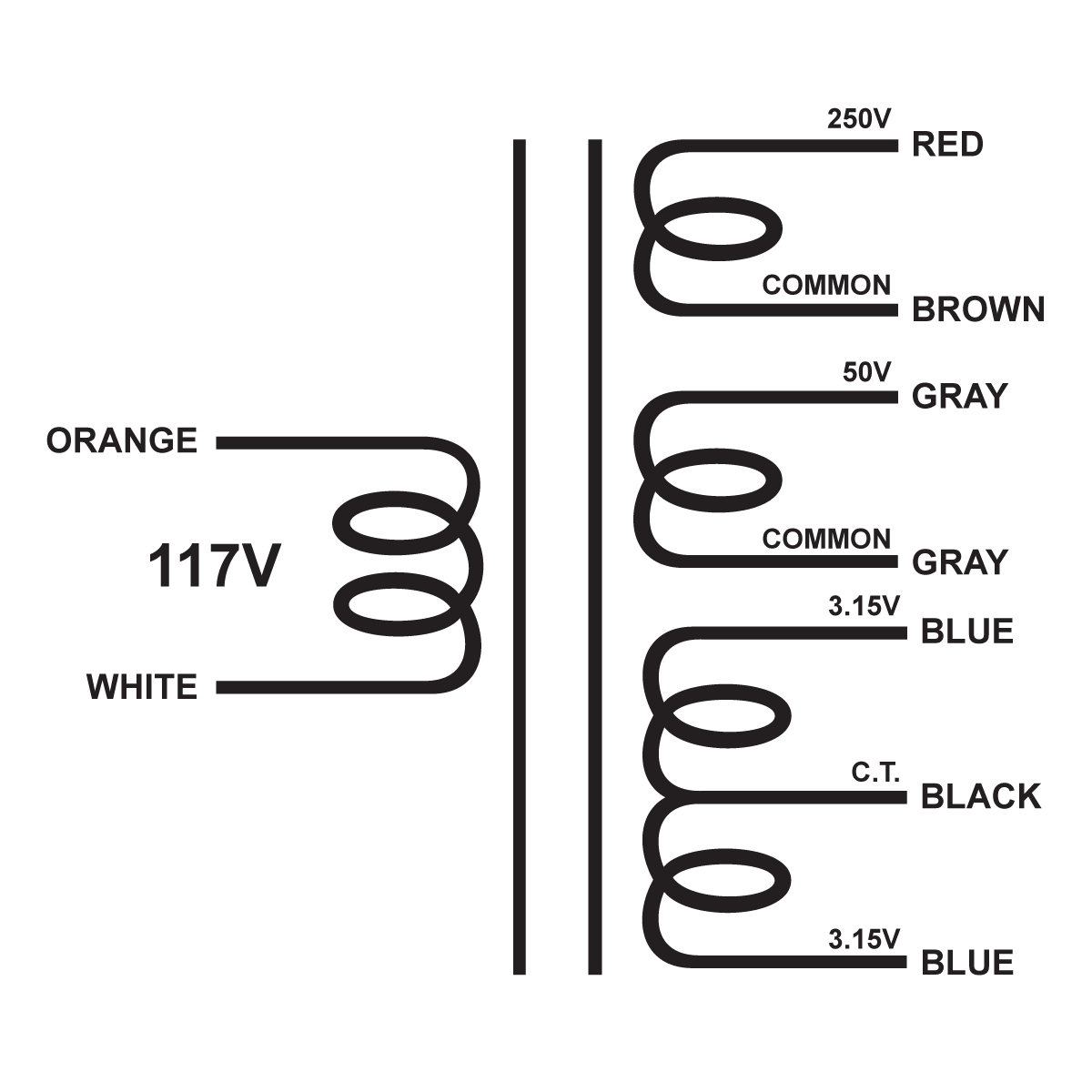 EDCOR Tube Power Transformer XPWR299-117 - 250V@400mA, 50V@100mA, & 6.3V@4A CT - 117V, 60Hz. Schematic