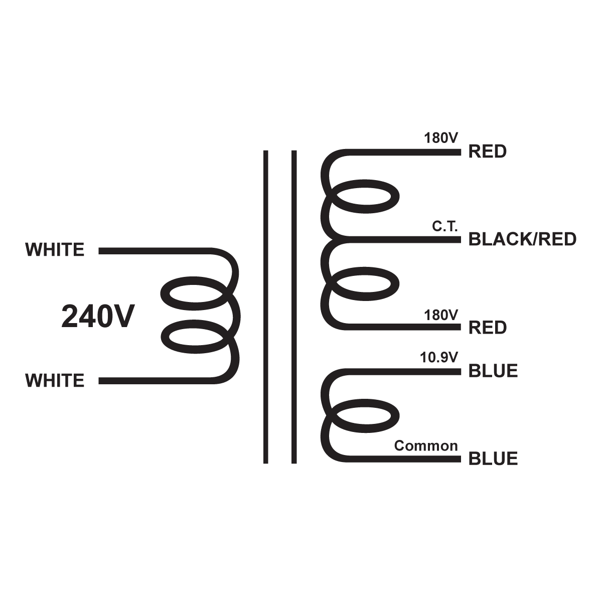 EDCOR Tube Power Transformer XPWR301-240 (EM0757) - 360V@250mA CT & 10.9V@2.5A - 240V, 50/60Hz. Schematic