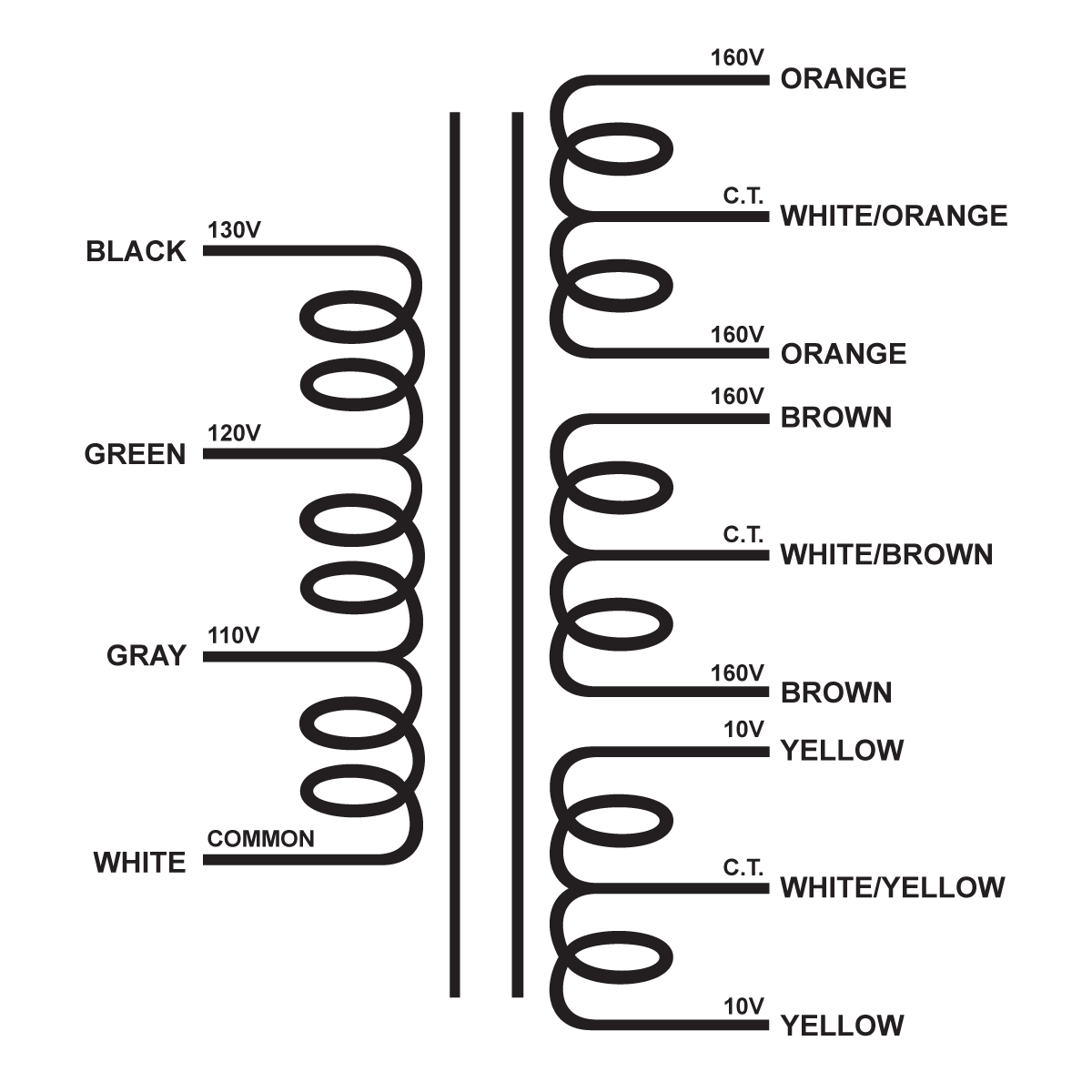 EDCOR Tube Power Transformer XPWR304-110/120/130 - Dual 320V@115mA CT & 10V@2A CT. - 110V/120V/130V, 60Hz. Schematic