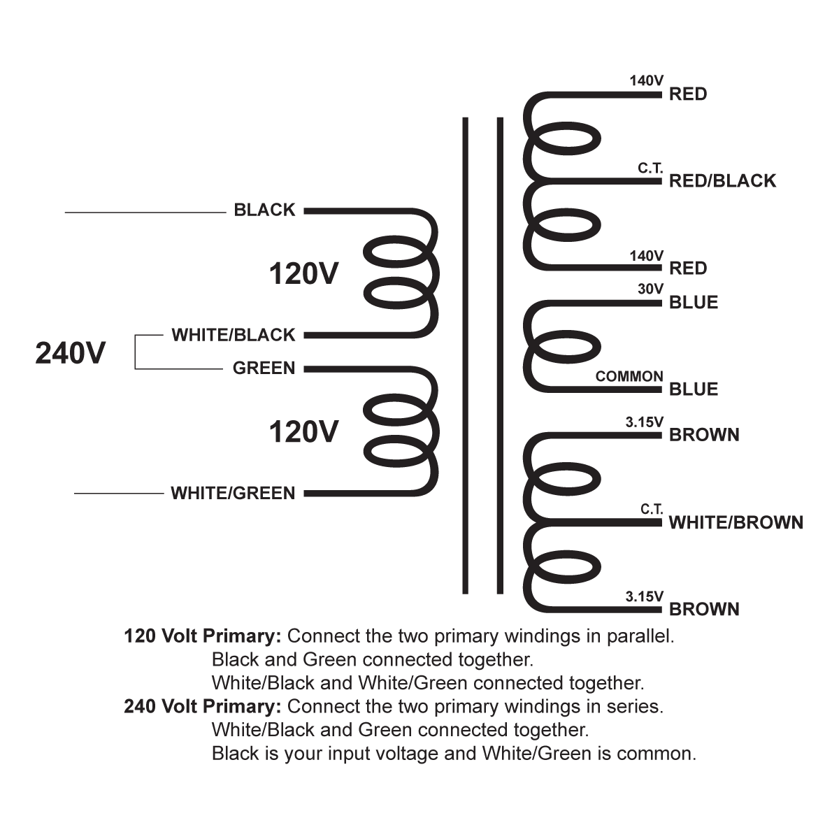 EDCOR Tube Power Transformer XPWR306-120/240 - 280V@200mA CT. 30V@10mA, & 6.3V@4A CT - 120V/240V, 50/60Hz. Schematic