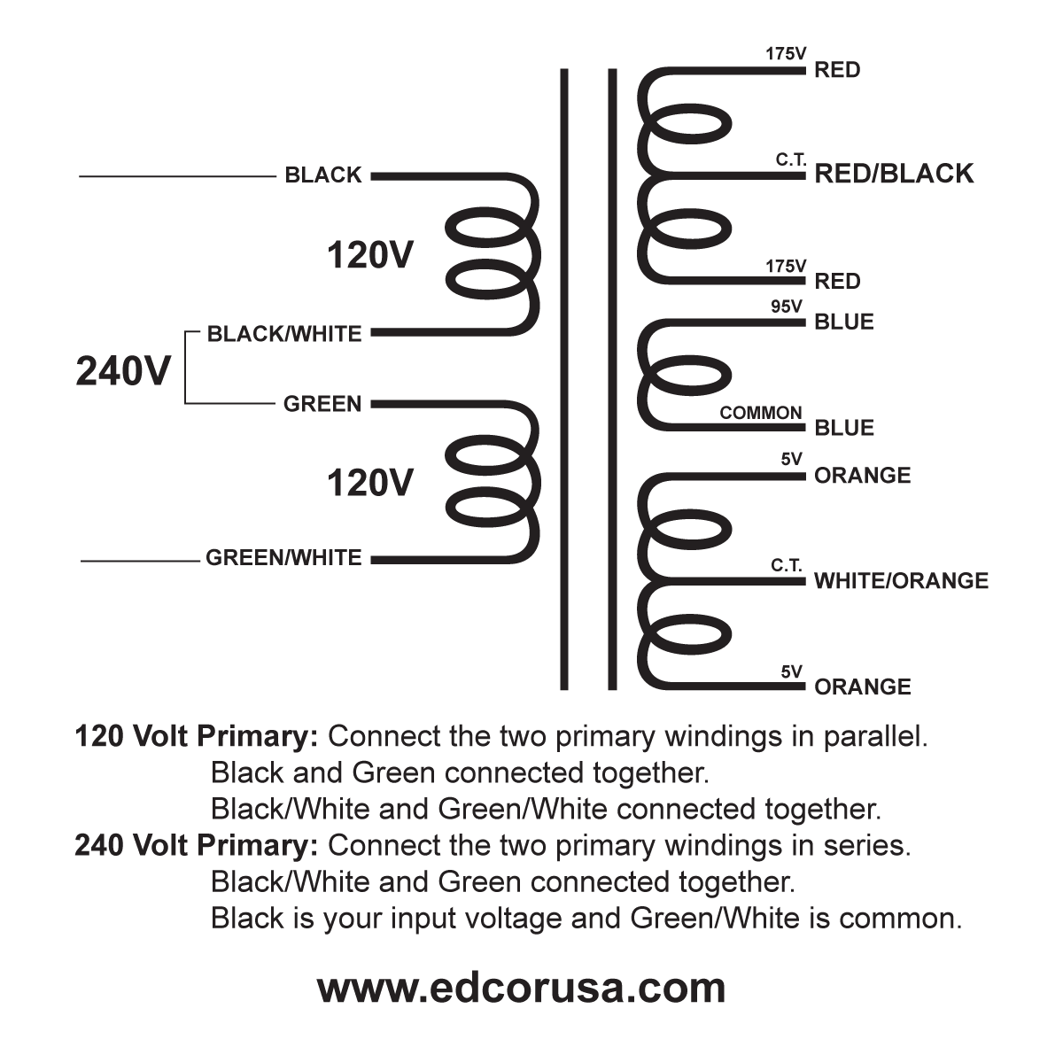 EDCOR Tube Power Transformer XPWR307-120/240 - 350V@235mA CT, 95V@300mA, & 10V@2A CT - 120V/240V, 50/60Hz. Schematic