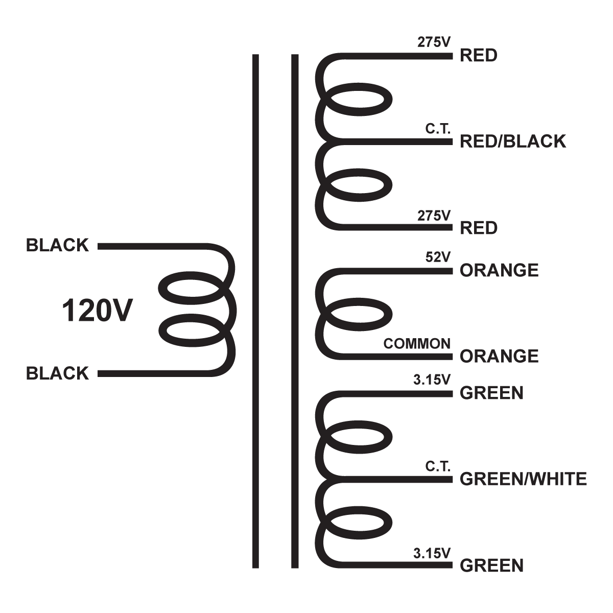 EDCOR Tube Power Transformer XPWR308-120 - 550V@175mA CT, 52V@60mA, & 6.3V@4A CT - 120V, 60Hz. Schematic