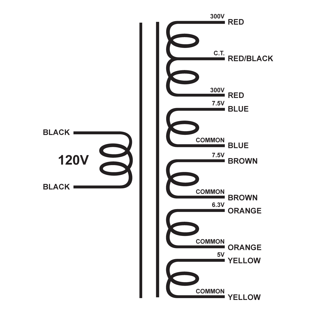 EDCOR Tube Power Transformer XPWR312-120 (EM0979) - 600V@175mA CT, 7.5V@2.5A, 7.5V@2.5A, 6.3V@2A, & 5V@3A - 120V, 60Hz. Schematic
