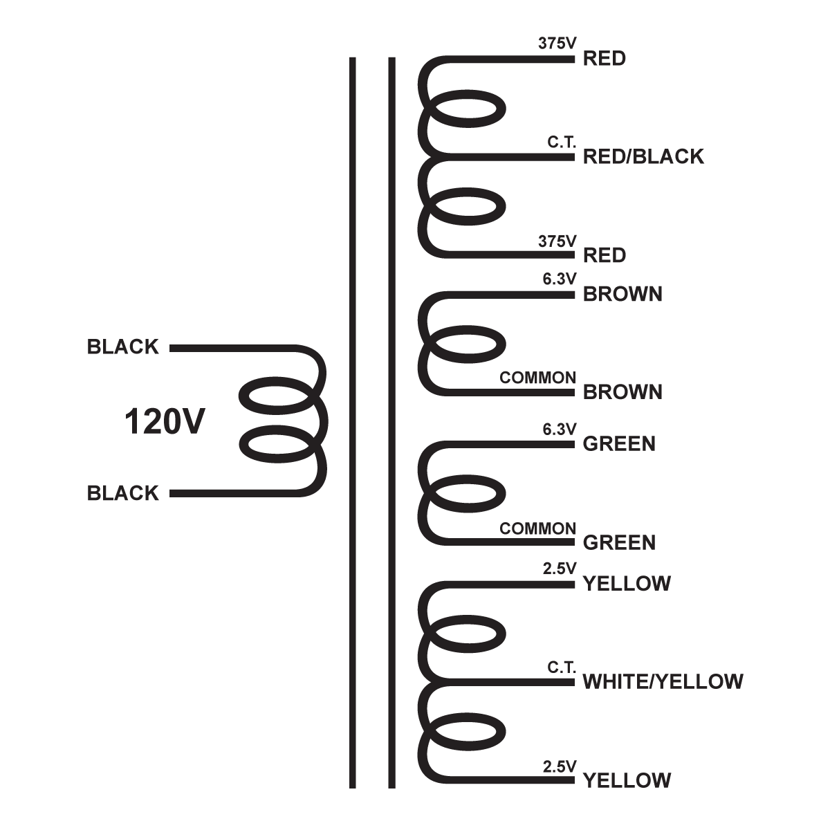 EDCOR Tube Power Transformer XPWR134 - 750V@200mA CT, 6.3V@3A, 6.3V@3A, & 5V@3A CT 120V, 60Hz.