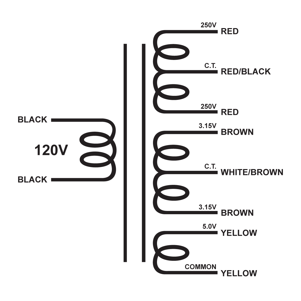 EDCOR Tube Power Transformer XPWR001-120 - 500V@100mA CT, 6.3V@1A CT, & 5V@2A - 120V, 60Hz. Schematic