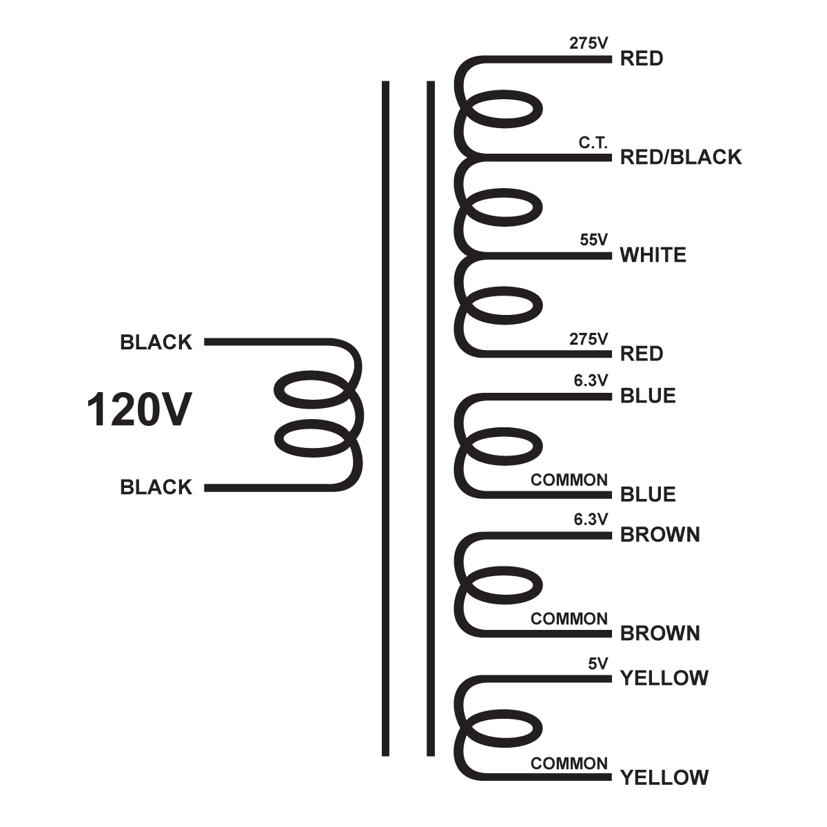 EDCOR Tube Power Transformer XPWR004-120 - 120V 60Hz. to 550V@325mA CT w/55V bias, 6.3V@4A, 6.3V@4A, & 5V@3A - Schematic