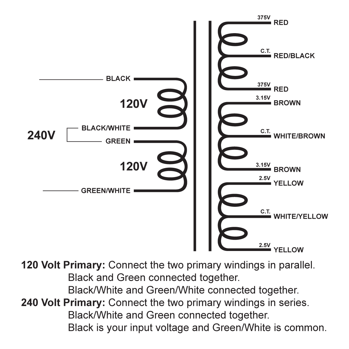 EDCOR Tube Power Transformer XPWR010-120/240 - 120V/240V, 50/60Hz. to 750V@175mA CT, 6.3V@6A CT, & 5V@3A CT - Schematic