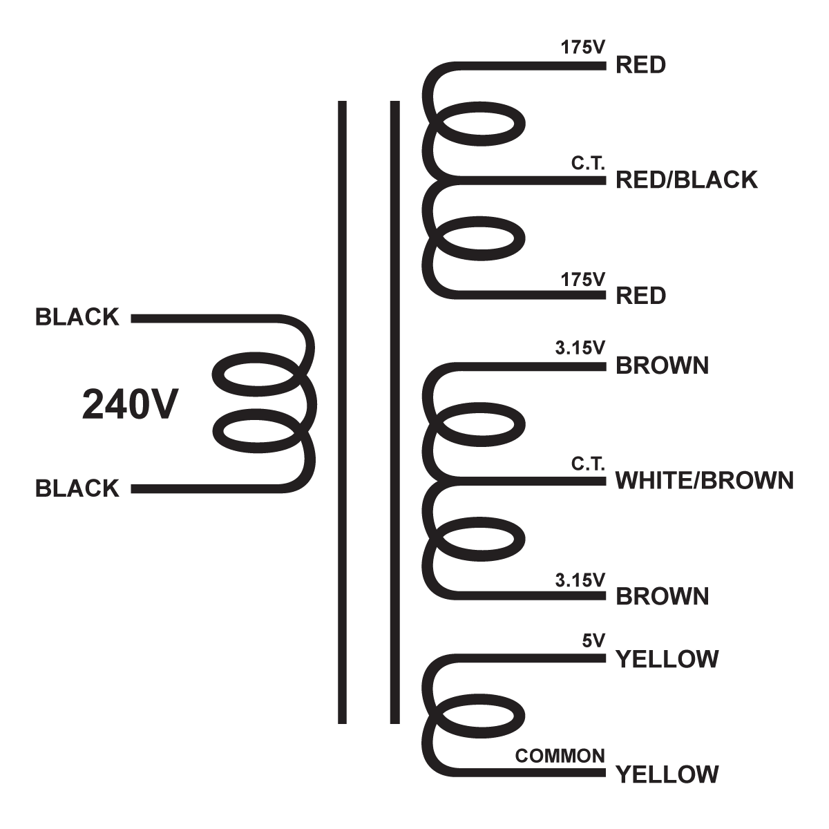 EDCOR Tube Power Transformer XPWR012-240 - 240V, 50/60Hz. to 350V@100mA CT, 6.3V@2A CT, & 5V@2A - Schematic