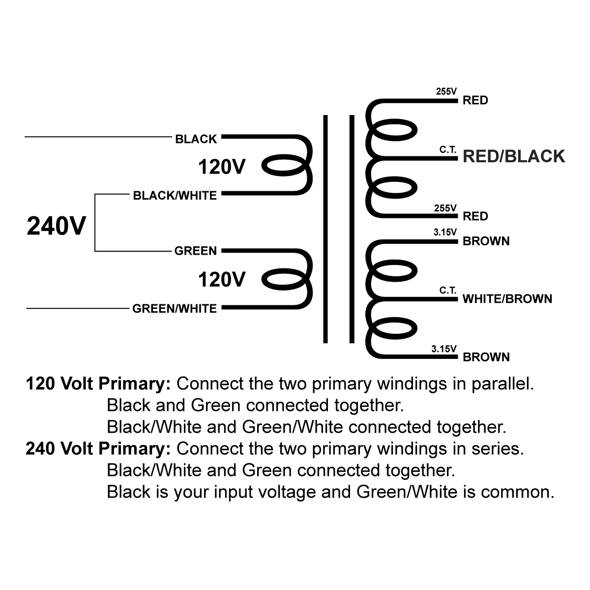 EDCOR Tube Power Transformer XPWR013-120/240 - 120V/240V, 50/60Hz. to 510V@125mA CT & 6.3V@4A CT - Schematic
