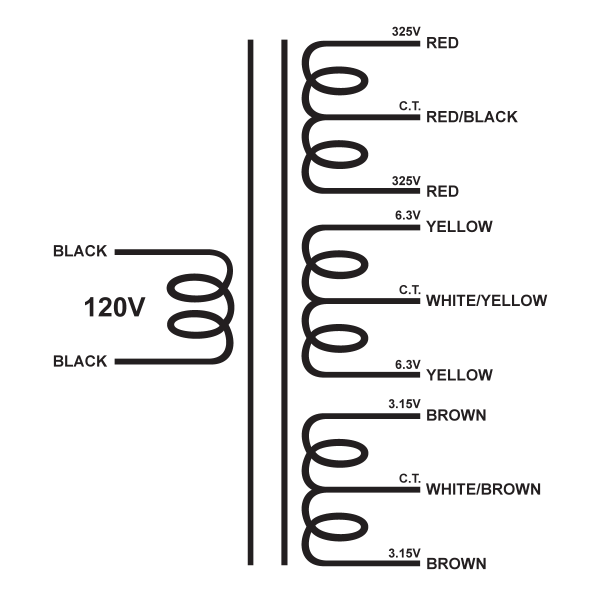 EDCOR Tube Power Transformer XPWR015-120 - 120V, 60Hz. to 650@180mA CT, 12.6V@2A CT, & 6.3V@3.5A CT - Schematic