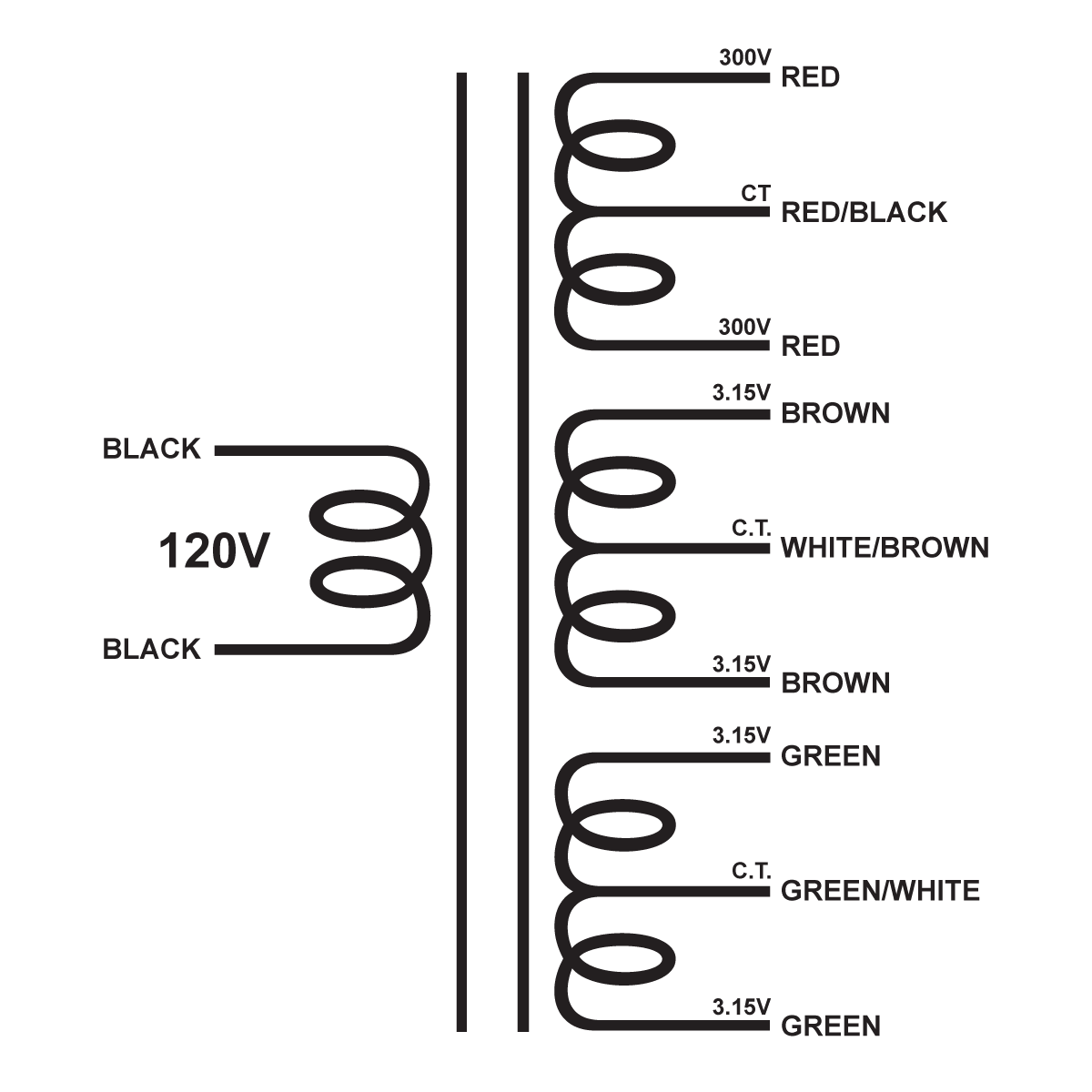 EDCOR Tube Power Transformer XPWR023-120 - 120V, 60Hz. to 600V@250mA CT, 6.3V@4A CT, & 6.3V@4A CT - Schematic