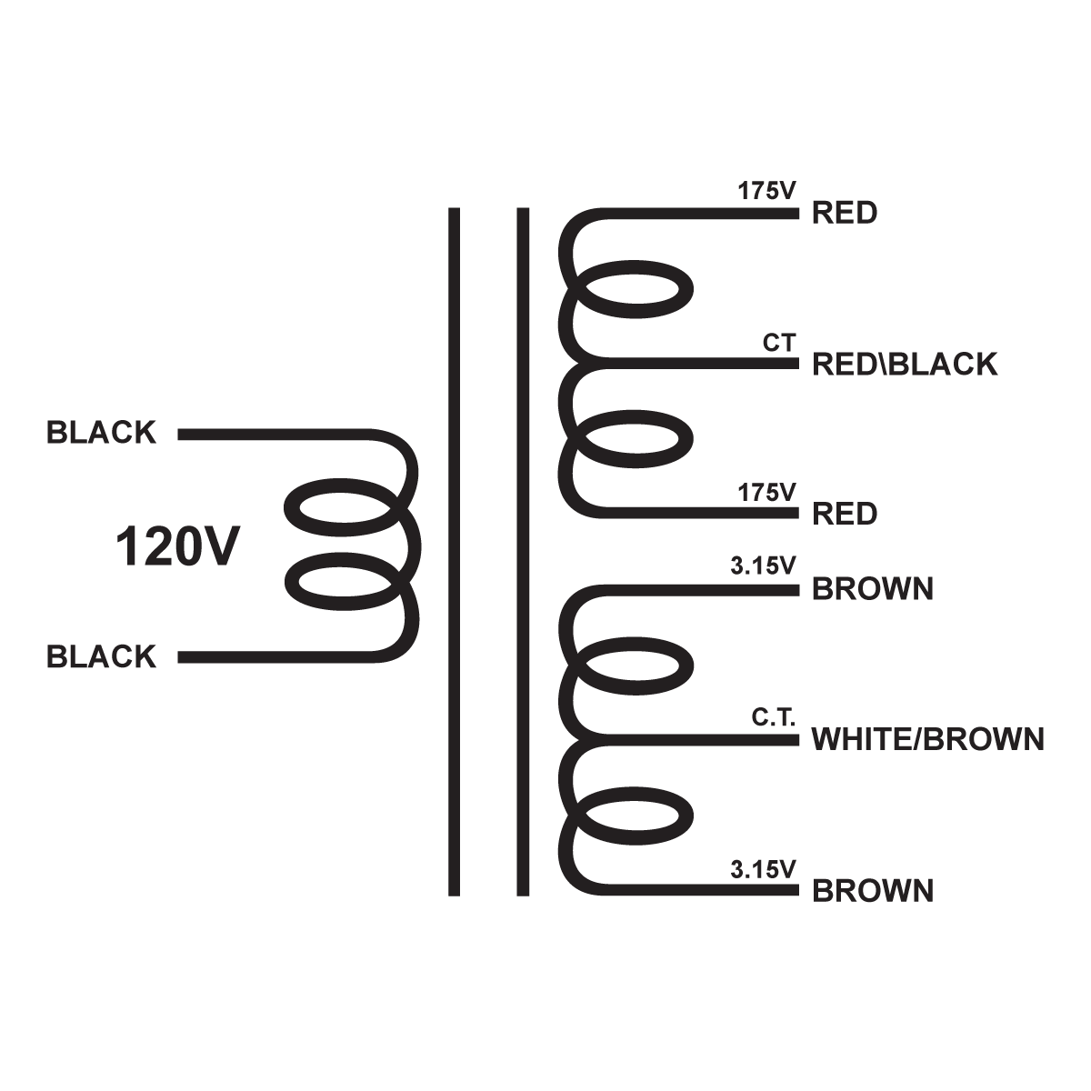 EDCOR Tube Power Transformer XPWR024-120 - 120V, 60Hz. to 350V@60mA CT & 6.3V@2A CT - Schematic