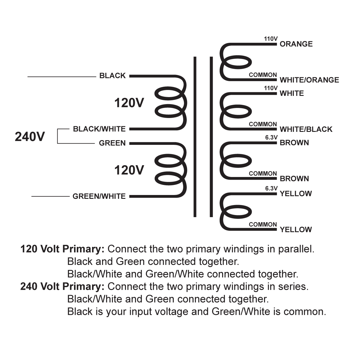 EDCOR Tube Power Transformer XPWR039-120/240 - 120V/240V, 50/60Hz. to 110V@250mA, 110V@250mA, 6.3V@4A, & 6.3V@4A - Schematic