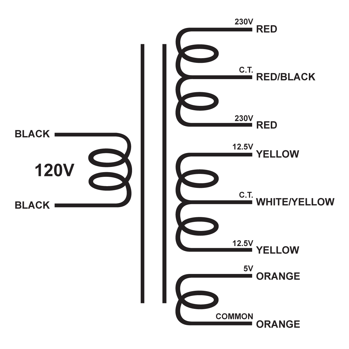 EDCOR Tube Power Transformer XPWR040-120 - 120V, 60Hz. to 460V@250mA CT, 25V@3A CT, & 5V@3A - Schematic