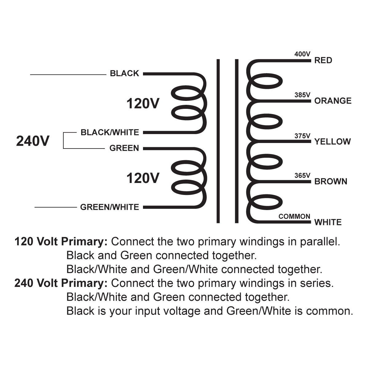 EDCOR Tube Power Transformer XPWR052-120/240 - 120V/240V, 50/60Hz. to 400V/385V/375V/365V@400mA - Schematic