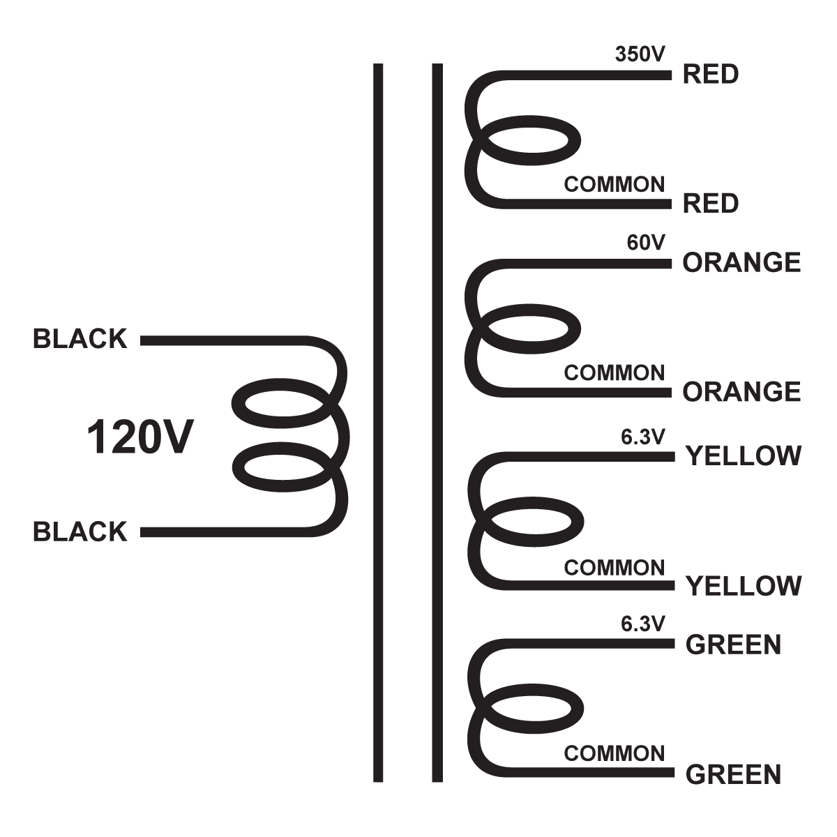 EDCOR Tube Power Transformer XPWR071 - 350V@1A, 60V@100mA, 6.3V@5A, & 6.3V@5A