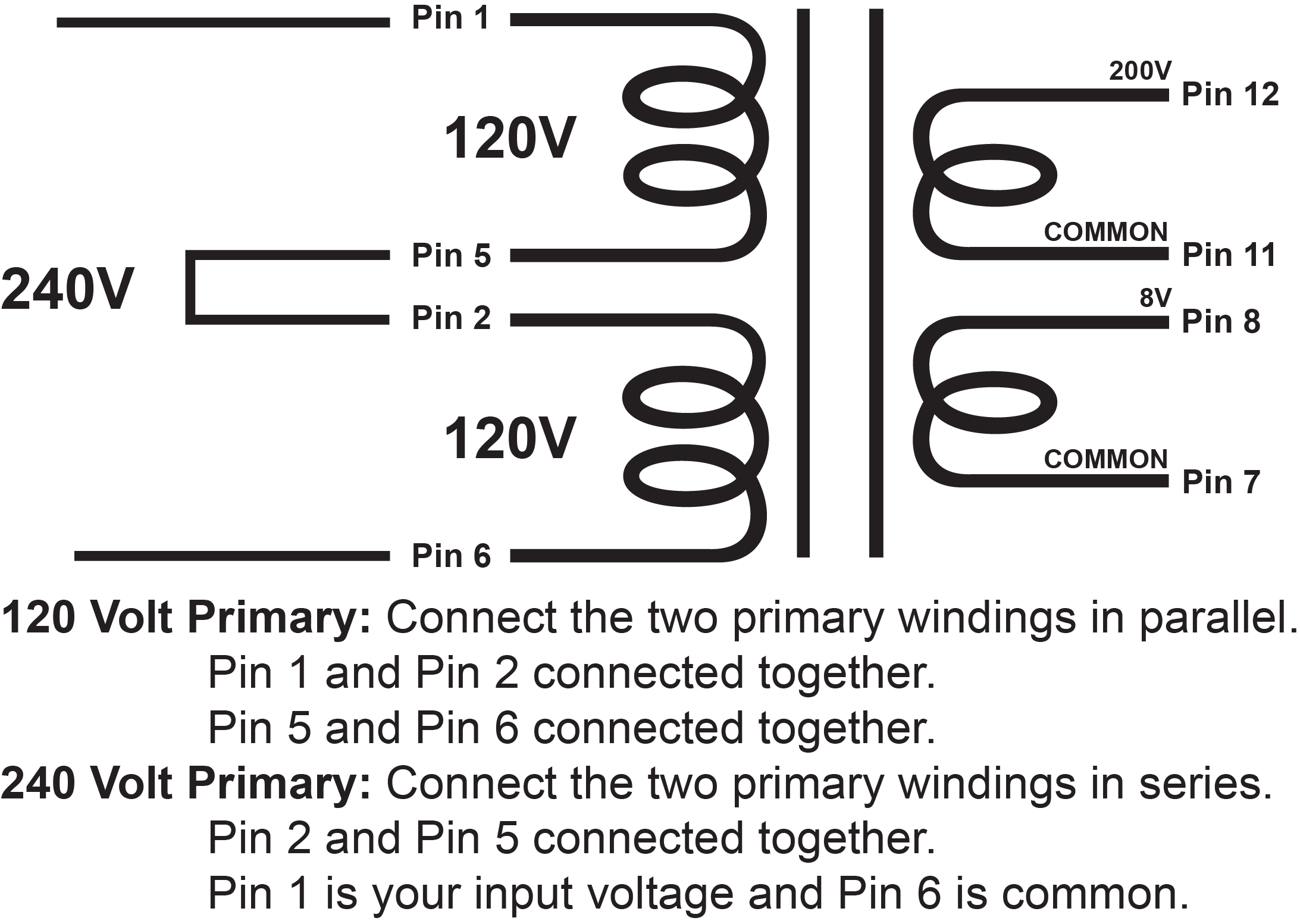 EDCOR Tube Power Transformer XPWR083A-120/240 - 120V/240V, 50/60Hz. to 200V@40mA & 8V@1.5A - Schematic
