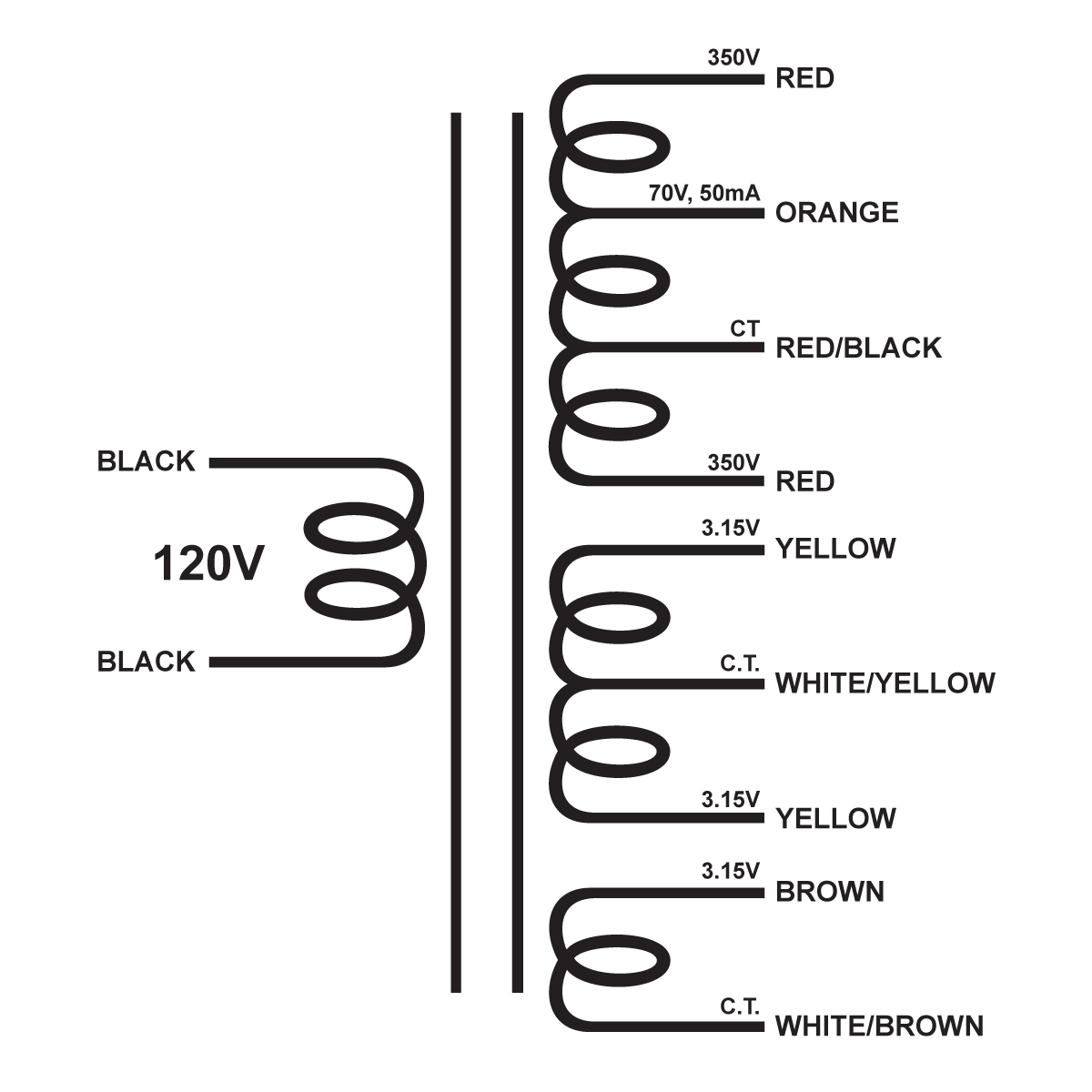 EDCOR Tube Power Transformer 650V(325-0-70-325)@650mA with 70V bias tap, 16V@2.5A, & 6.3V(3.15-0-3.15)@7A - 120, 60Hz. Schematic