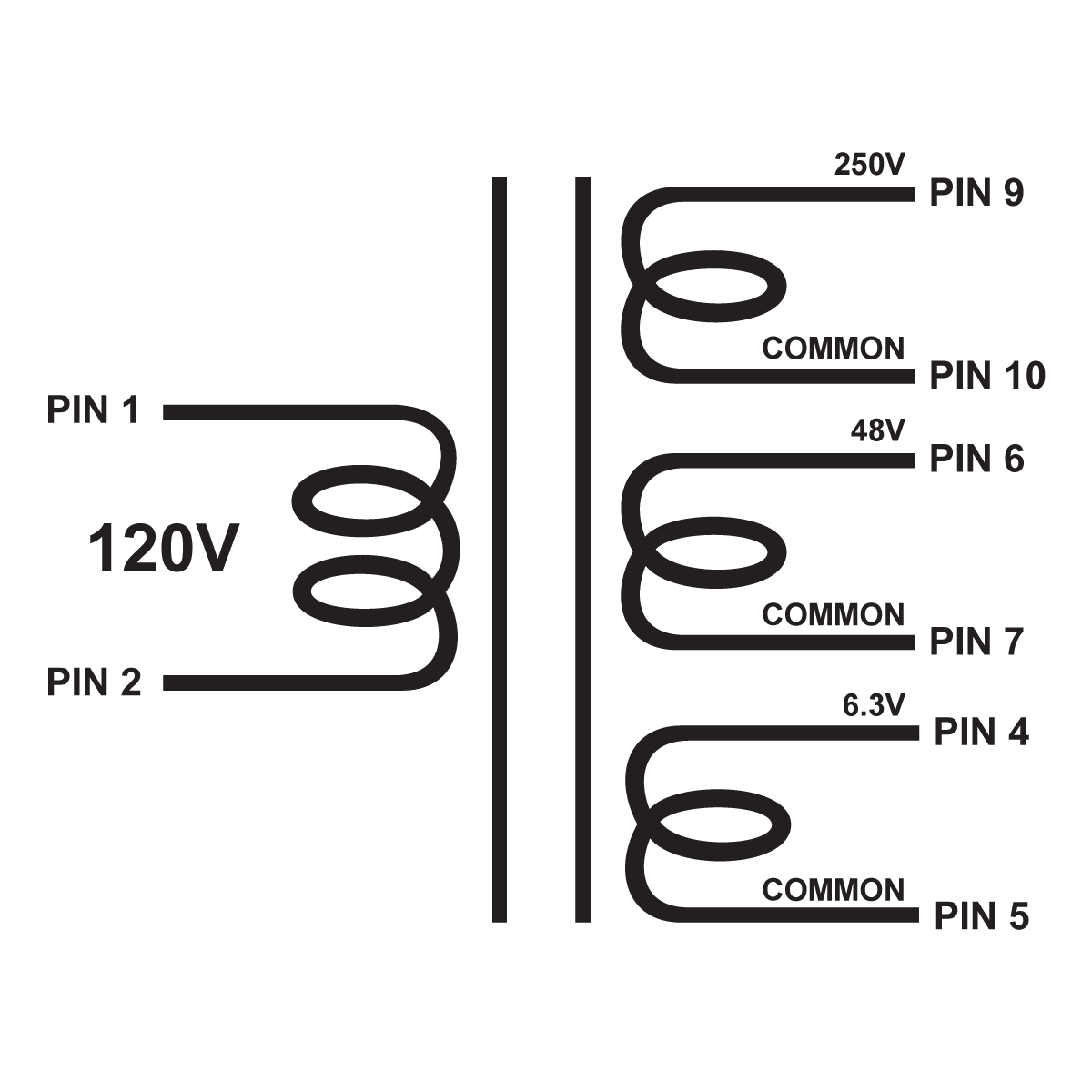 EDCOR Tube Power Transformer XPWR240 - 250V@25mA, 48V@50mA, & 6.3V@1A - 120V, 60Hz. Schematic