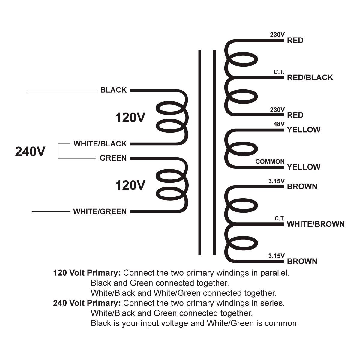 EDCOR Power Transformer XPWR261-120/240cs - 460V(230-0-230)@15mA, 48V@20mA, & 6.3V(3.15-0-3.15)@1.5A - 120V/240V, 50/60Hz. Schematic