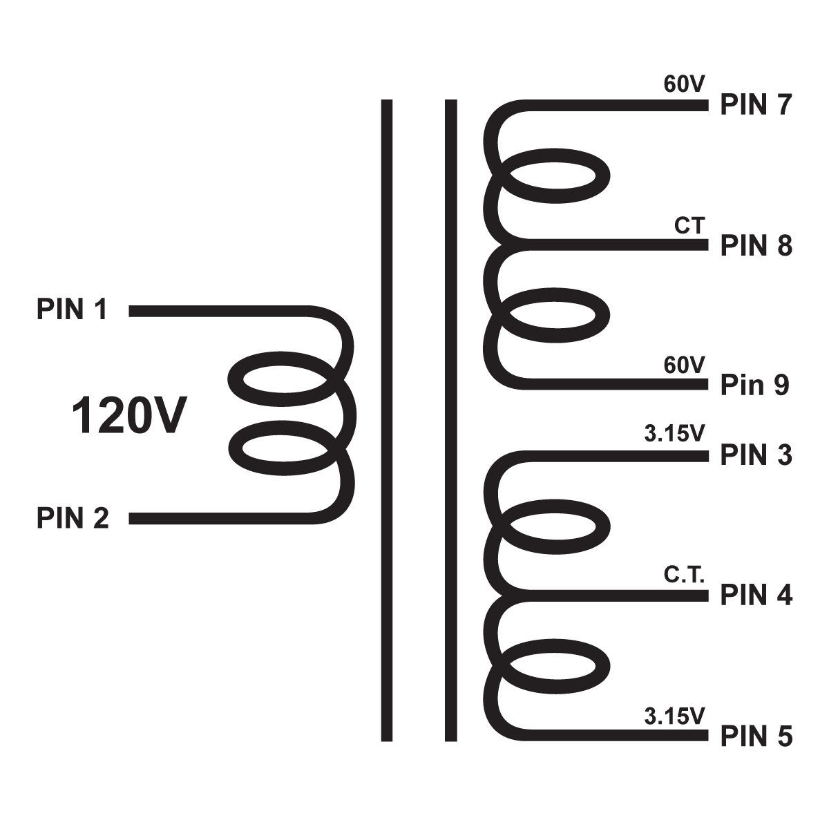 EDCOR Tube Power Transformer XPWR265-120 - 120V(60-0-60)@25mA & 6.3V(3.15-0-3.15)@1A - 120V, 60Hz. Schematic