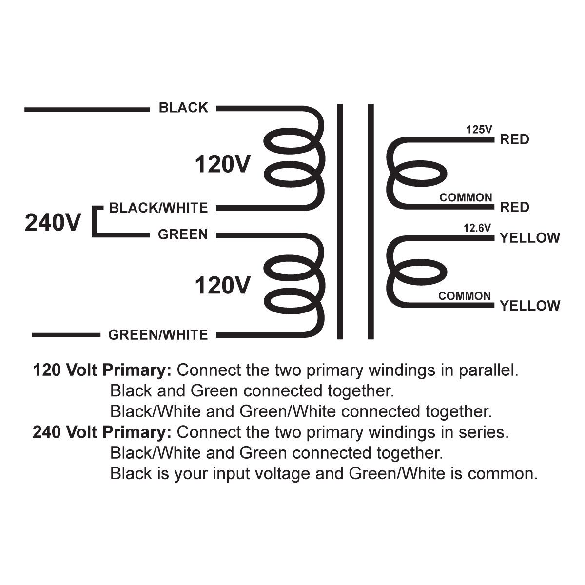 EDCOR Tube Power Transformer XPWR290-120/240  (EM0705) - 125V@20mA & 12.6V@300mA - 120V/240V, 50/60Hz. Schematic