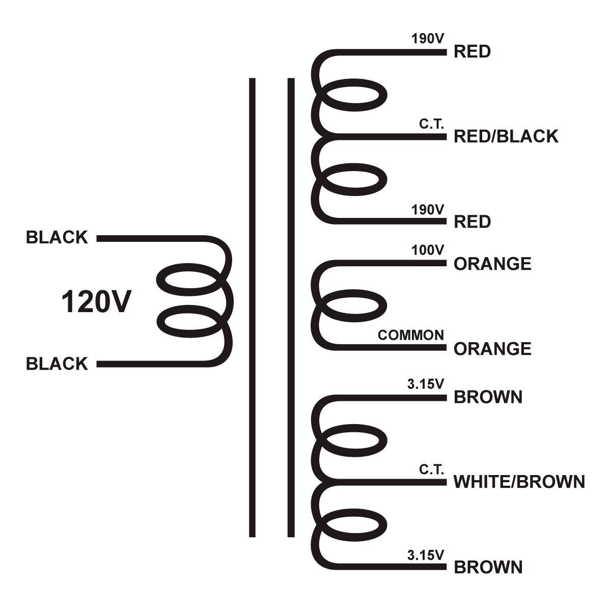 EDCOR Tube Power Transformer XPWR293-120 - 380V@450mA CT, 100V@50mA, & 6.3V@7.5A. - 120V, 60Hz. Schematic