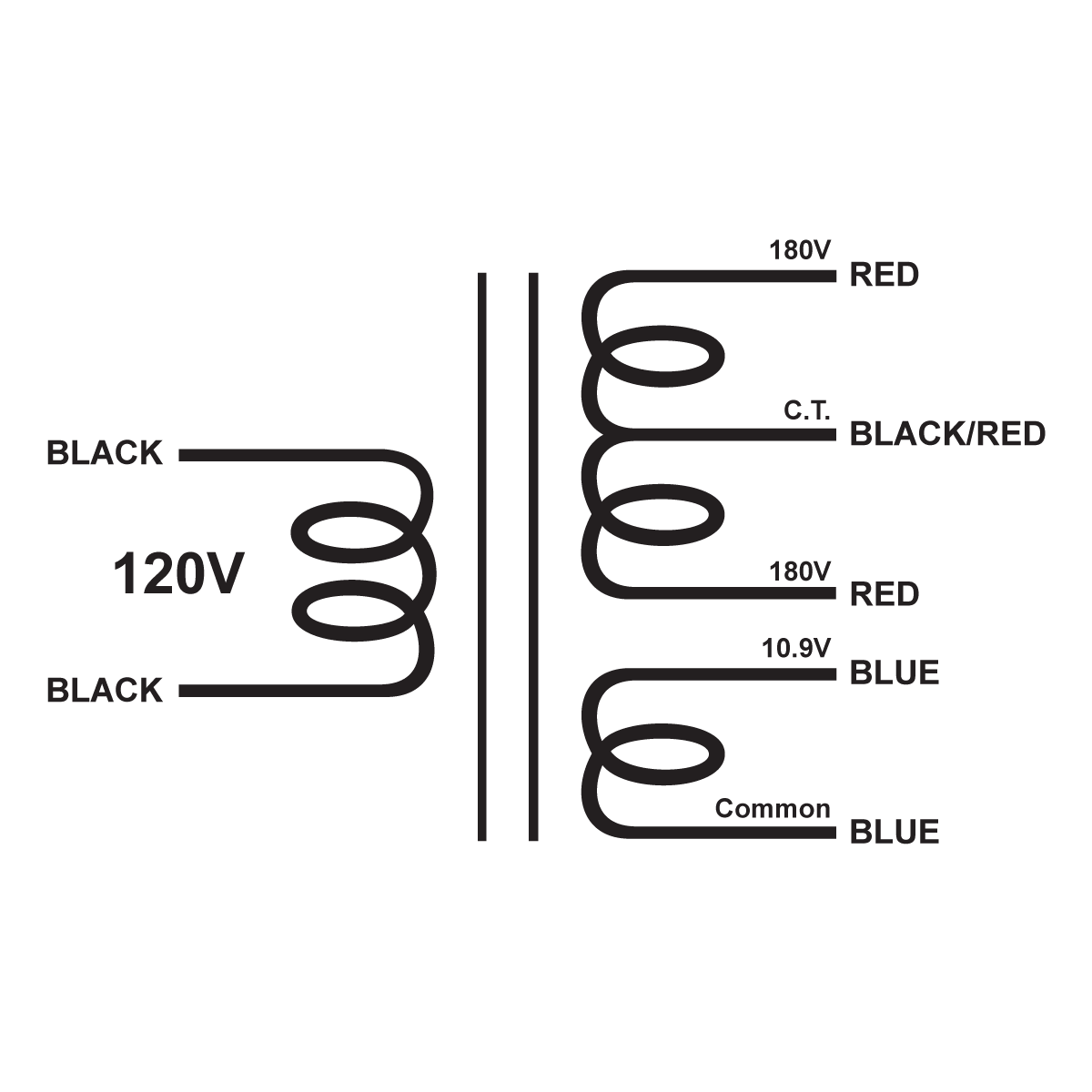EDCOR Tube Power Transformer XPWR301 - 360V@250mA CT & 10.9V@2.5A (EM0757). 120V, 60Hz. Schematic