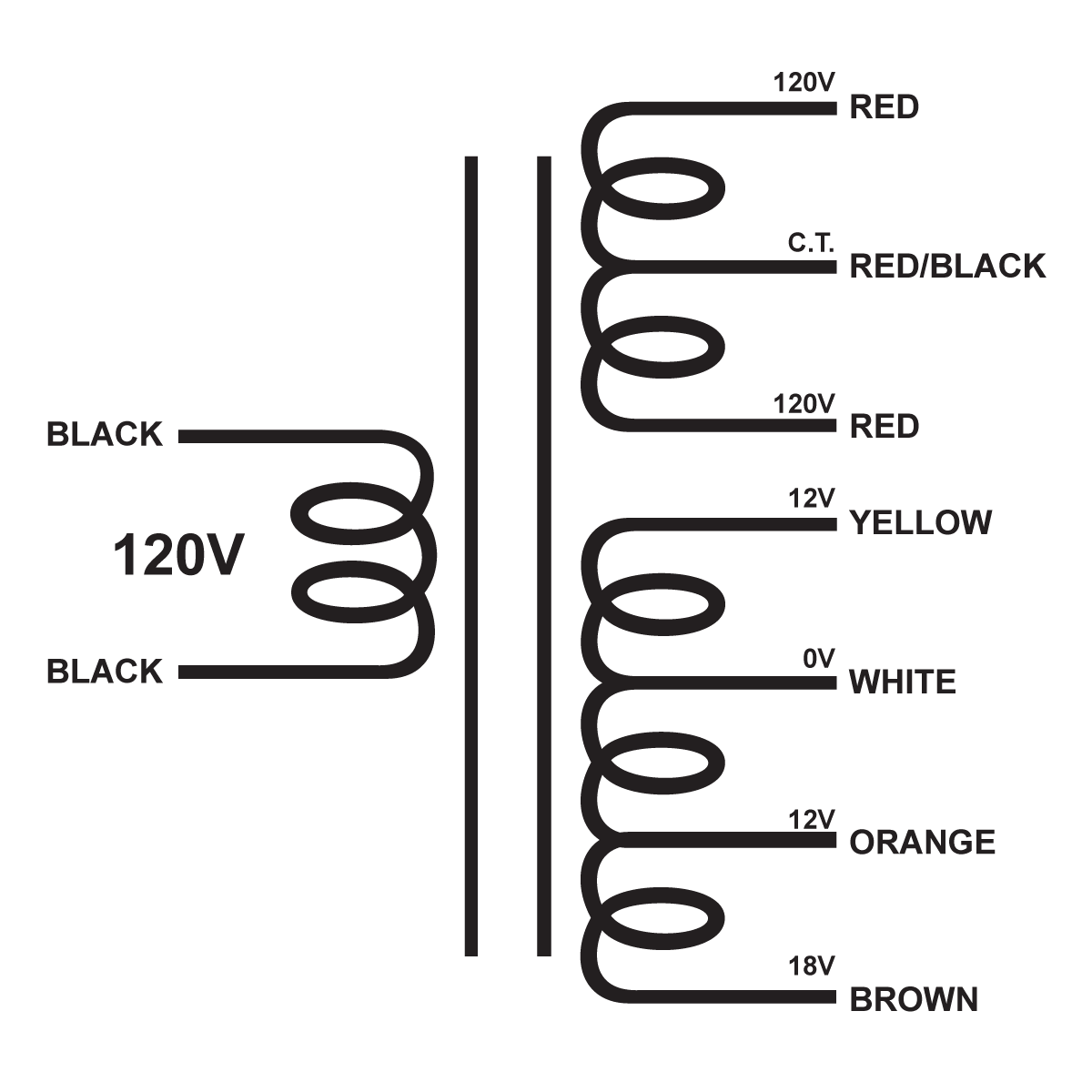 EDCOR Tube Power Transformer XPWR315-120 - 240V@100mA CT & 24V(CT)/18V@500mA - 120V, 60Hz. Schematic