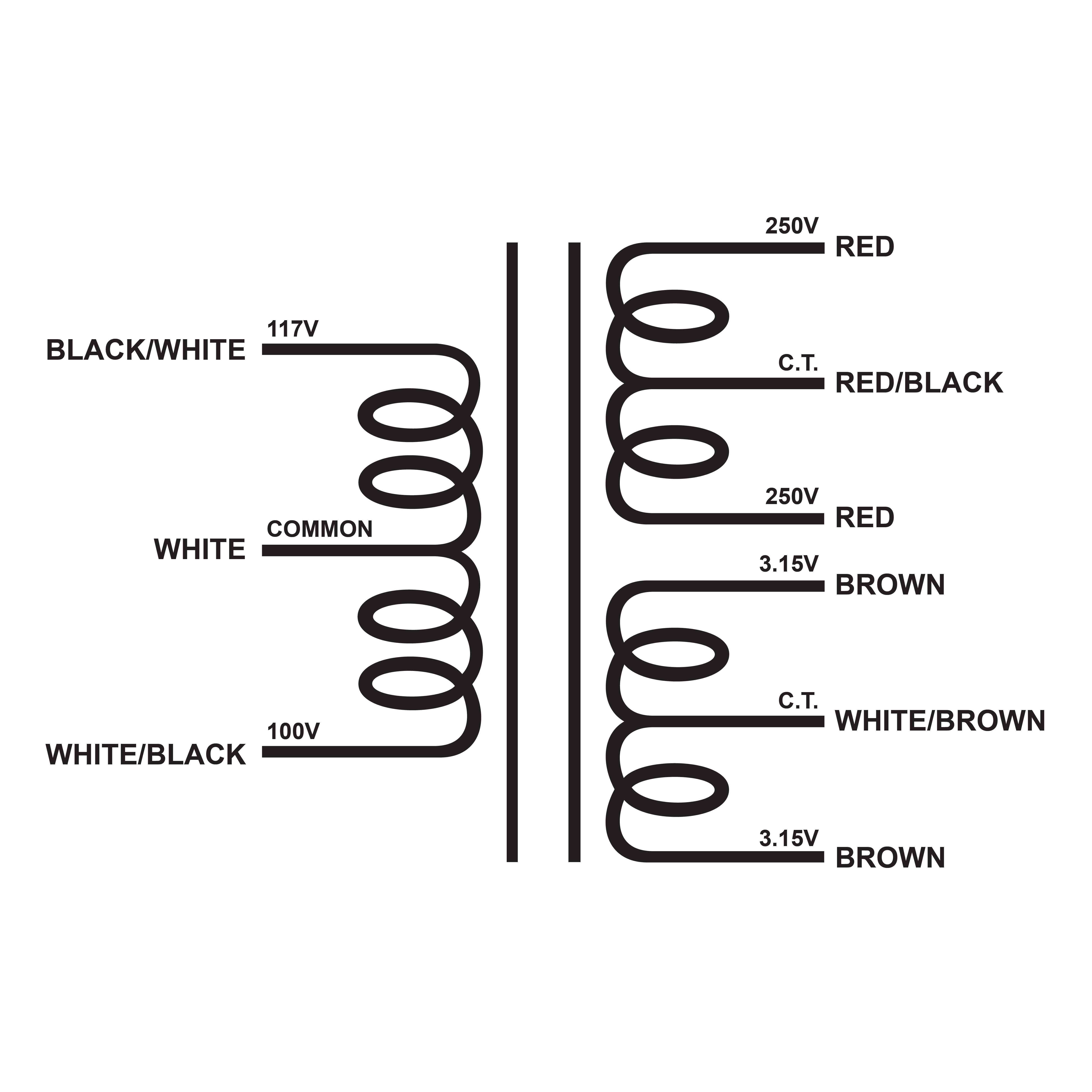 EDCOR Tube Power Transformer XPWR319-100/117 - 100V/117V 50/60Hz. to 500V@10mA CT & 6.3V@500mA CT - Schematic