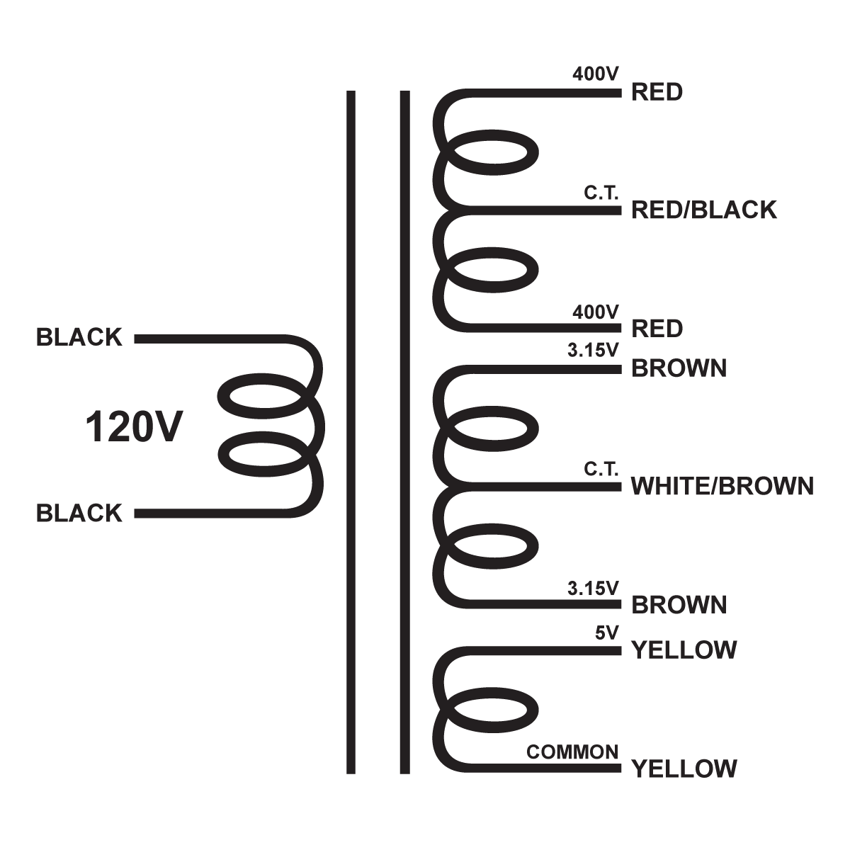 EDCOR Tube Power Transformer XPWR011-120 - 800V@200mA CT, 6.3V@5A CT, & 5V@3A - 120V, 60Hz. Schematic