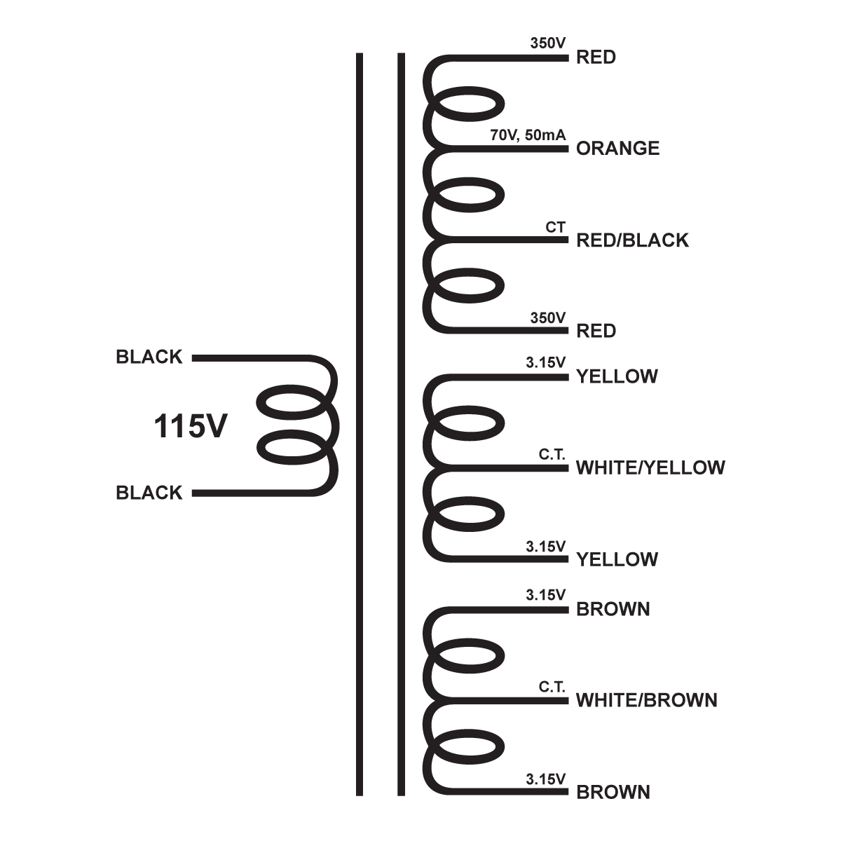 EDCOR Tube Power Transformer XPWR016-115 - 700V@450mA CT w/70V bias, 6.3V@5A CT, & 6.3V@5A CT - 115V, 60Hz. Schematic