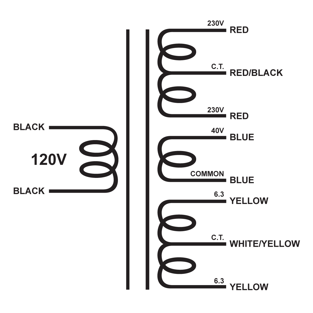 EDCOR Tube Power Transformer XPWR018-120 - 460V@50mA CT, 40V@100mA, & 12.6V@2.5A CT - 120V, 60Hz. Schematic