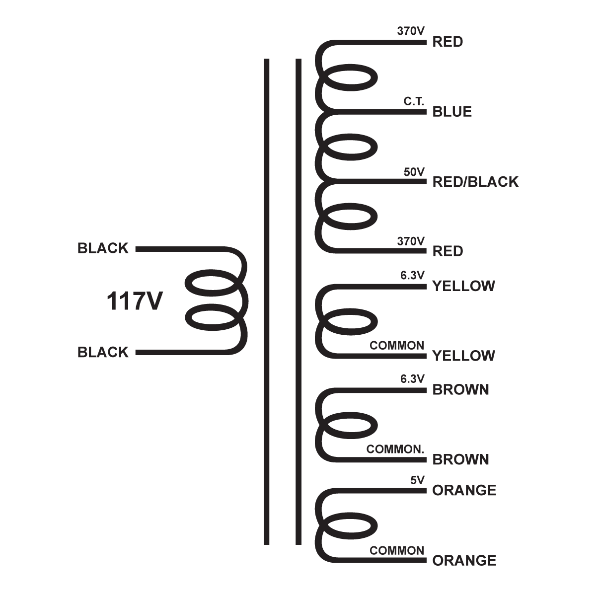 EDCOR Tube Power Transformer XPWR020-117 - 740V@270mA CT w/50V bias, 6.3V@4A, 6.3V@4A, & 5V@2A - 117V, 60Hz. Schematic