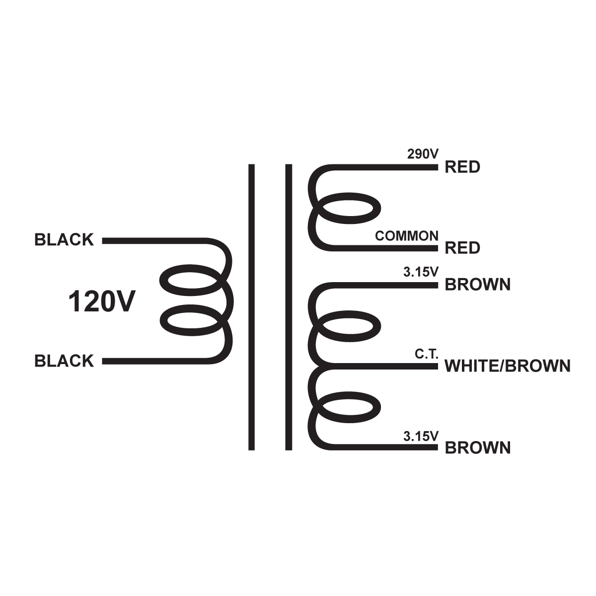 EDCOR Tube Power Transformer XPWR021-120 - 290V@250mA & 6.3V@4A CT - 120V, 60Hz. Schematic