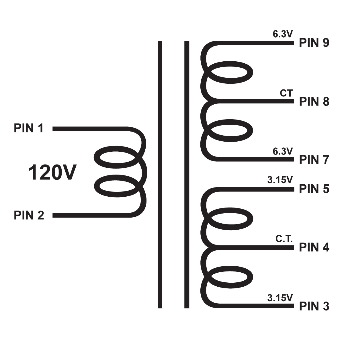 EDCOR Tube Power Transformer XPWR027-120 - 12.6V@1A CT & 6.3V@500mA CT - 120V, 60Hz. Schematic