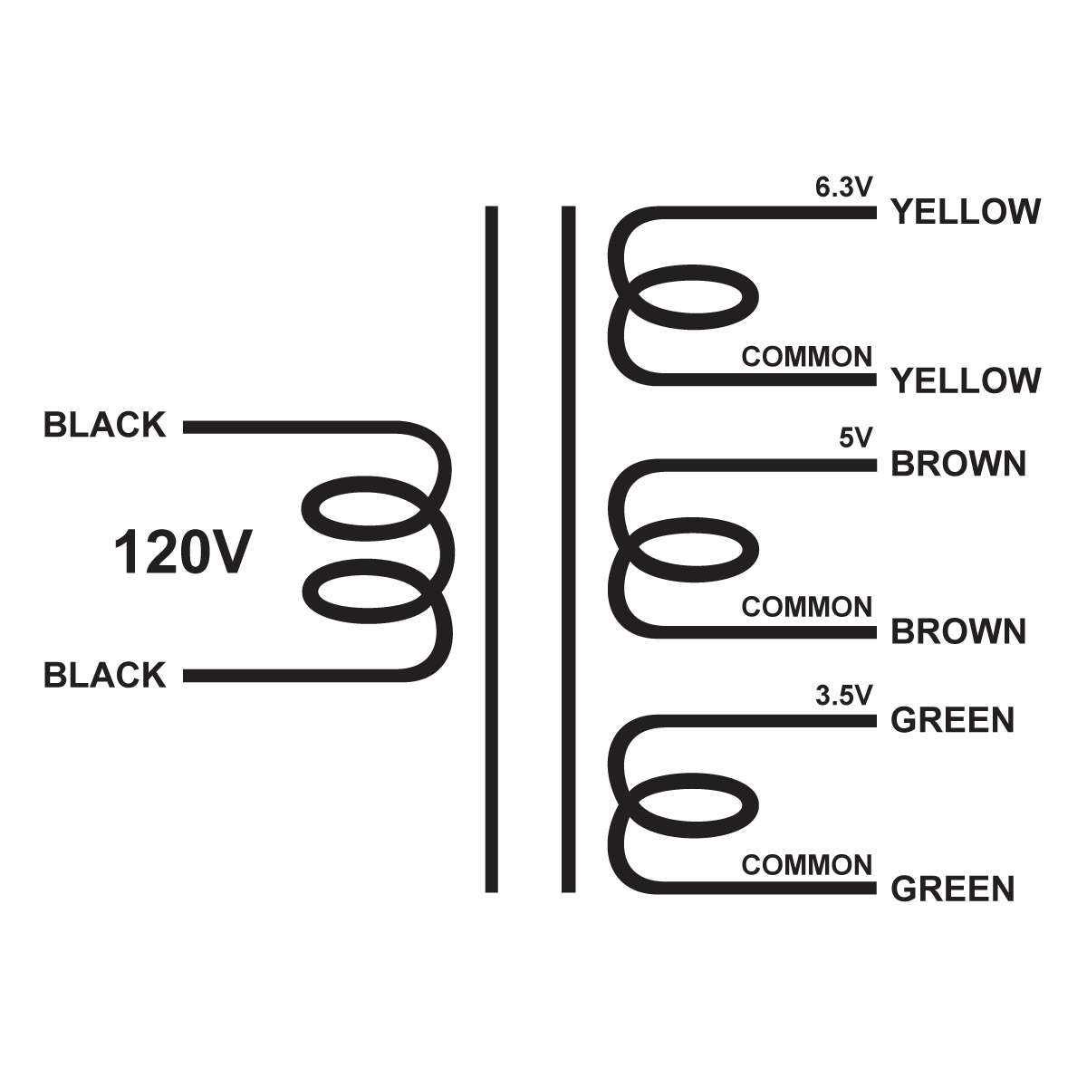 EDCOR Tube Power Transformer XPWR028-120 - 6.3V@2.5A, 5V@3A, & 3.5V@5.5A - 120V, 60Hz. Schematic