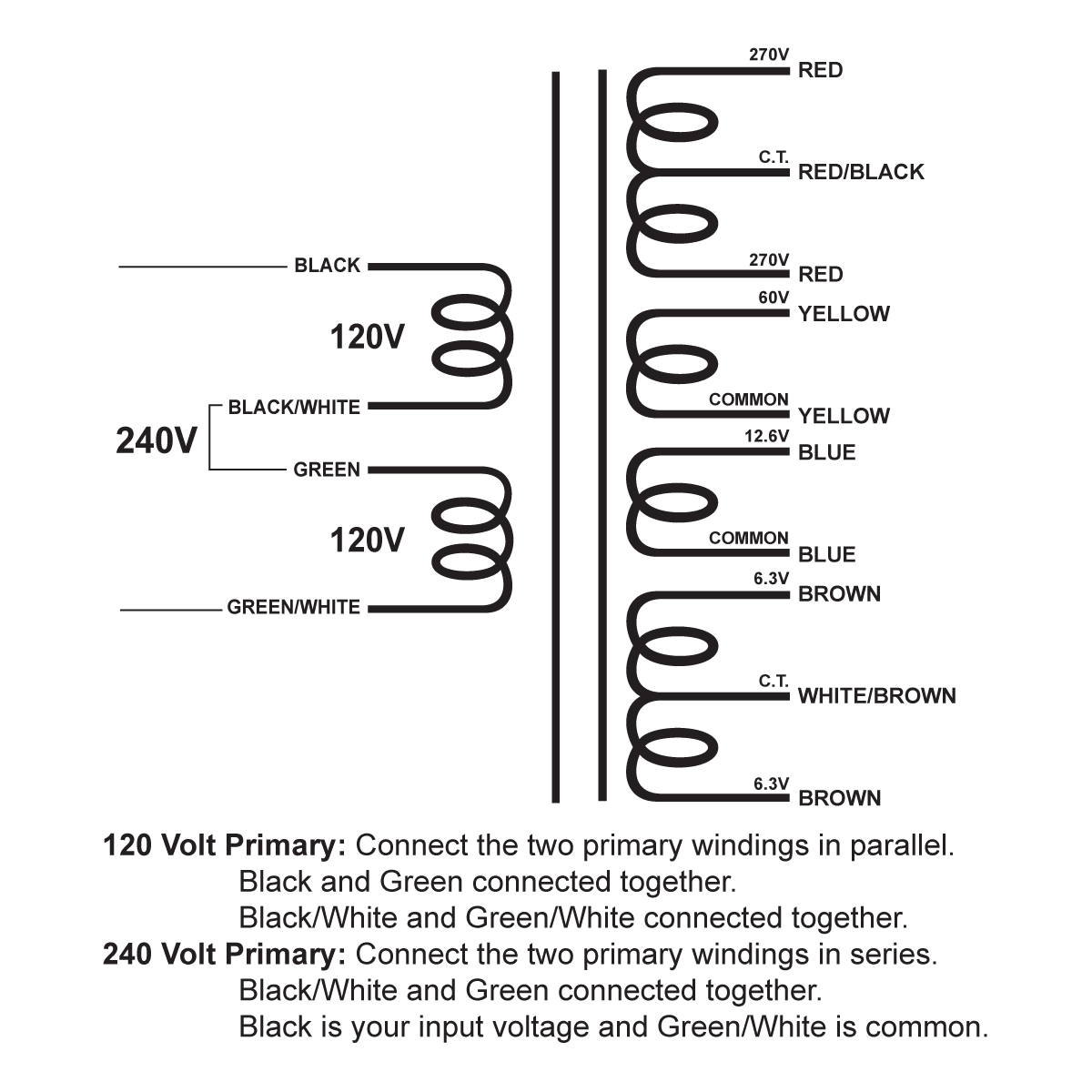 EDCOR Tube Power Transformer XPWR031-120/240 - 540V@500mA CT, 60V@50mA, 12.6V@2.5A, & 12.6V@2.5A CT - 120V/240V, 50/60Hz. Schematic